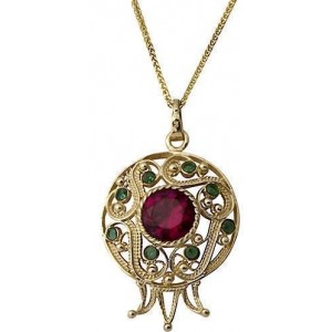 14k Yellow Gold Pendant with Ruby & Emerald in Pomegranate Shape Rafael Jewelry Designer Ketten & Anhänger