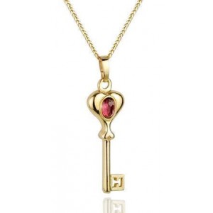 14k Yellow Gold Key Pendant with Garnet Stone Rafael Jewelry Designer Israeli Jewelry Designers