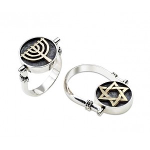 Double Sided Sterling Silver Ring with Star of David & Menorah in 9k Yellow Gold by Rafael Jewelry Davidstern Kollektion
