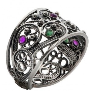Sterling Silver Ring Filigree & Emeralds and Ruby by Rafael Jewelry Jüdischer Schmuck