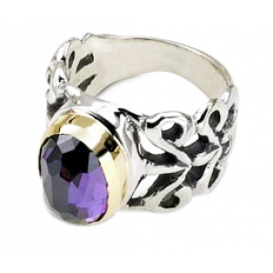 Sterling Silver Ring with Carvings and Amethyst Stone Rafael Jewelry