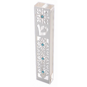 Clear Mezuzah with Silver Flower Design with Turquoise Gems Traditionelle Judaica