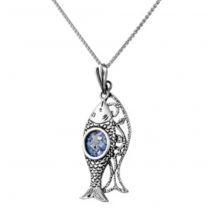 Fish Pendant in Sterling Silver & Roman Glass by Estee Brook Israeli Jewelry Designers
