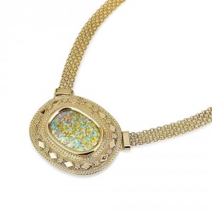 14K Gold Mesh Chain Necklace Featuring an Oval Roman Glass by Ben Jewelry
 Ben Jewellery