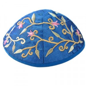 Yair Emanuel Blue Machine Embroidered Kippah with Floral Design Kipás