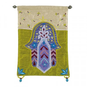 Yair Emanuel Green Raw Silk Embroidered Wall Decoration with Hamsa and Flowers Moderne Judaica