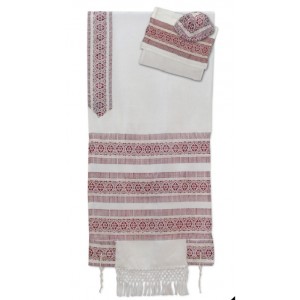Hand-woven White Wool and Silk Tallit with Red Lines and Diamonds Moderne Judaica