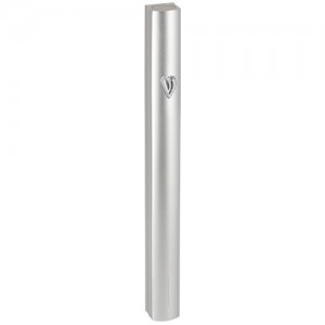 Silver Aluminum Mezuzah with Hebrew Letter Shin and Rounded Edges Mesusas