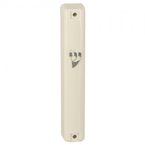 Beige Plastic Mezuzah with Silver Shin and Rubber Plugs Mesusas