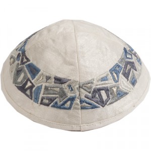 Silver Geometrical Embroidery on White Kippah by Yair Emanuel Moderne Judaica