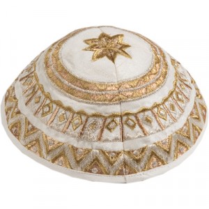 White Kipah by Yair Emanuel with Gold Geometric Embroidery Moderne Judaica