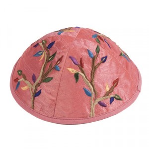 Yair Emanuel Pink Kippah with Colorful Tree Embroidery Moderne Judaica