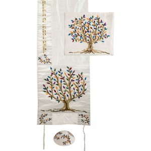 Colorful Yair Emanuel Raw Silk Tallit with Matching Bag and Kippa - Tree of Life Künstler & Marken