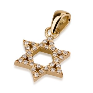 Pingente de Estrela de David de Ouro Amarelo 18k com  Diamantes Incrustrados e Superfície Macia Jüdischer Schmuck
