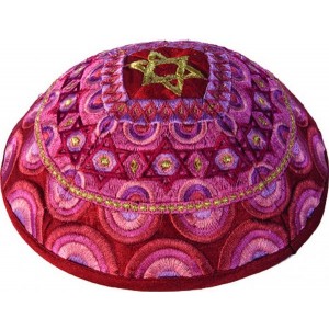 Yair Emanuel Kippah with Gold Star of David and Red Embroidered Decorations Kipás
