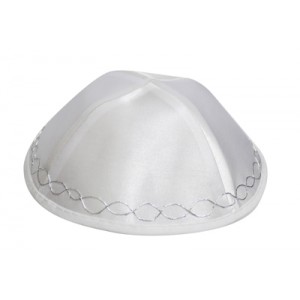White Satin Kippah with Silver Wavy Lines and Four Large Sections Judaica
