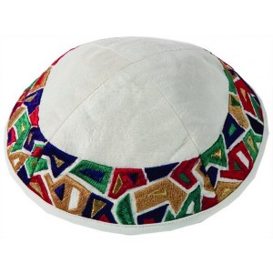 Yair Emanuel Kippah with Colorful Geometric Design in Red, Green, Yellow & Blue Moderne Judaica