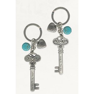 Silver Keychain with Skeleton Key Design, English Text and Heart Charms Jüdische Souvenirs