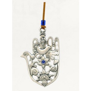 Silver Hamsa with Traditional Symbols and Single Swarovski Crystal Das Jüdische Heim
