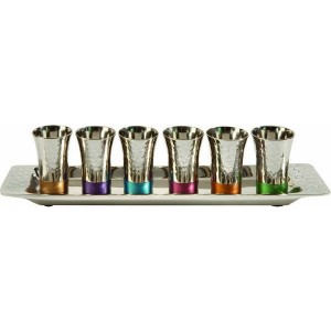 Yair Emanuel Nickel Wine Cup Set with Hammered Pattern and Multicolor Rings Moderne Judaica