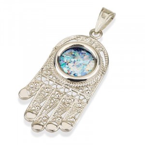 Hamsa Amulet in Silver with Roman Glass Israeli Jewelry Designers