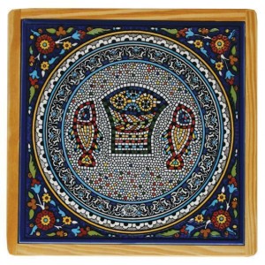 Armenian Wooden Trivet with Mosaic Fish & Bread Heimdeko