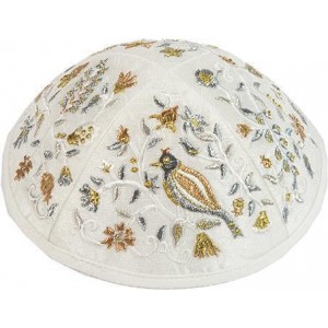 Kippah with Gold & Silver Embroidered Birds & Flowers- Yair Emanuel Judaica
