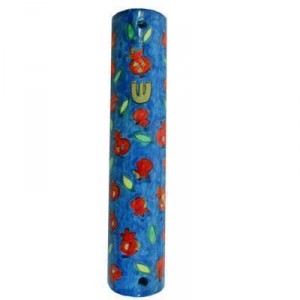 Hand painted Mezuzah with Small Pomegranates in Wood-Yair Emanuel Mesusas