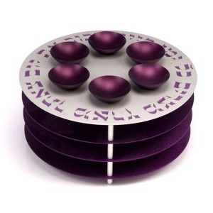Purple Aluminum Seder Plate with Matzah Plates, Hebrew Text and Six Bowls Moderne Judaica