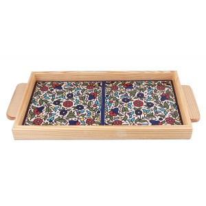 Armenian Ceramic Tray with Wooden Border and Floral Design Tabletts