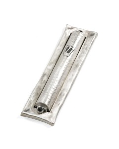 Silver Mezuzah with Hammered Pattern, Hebrew Letter Shin and Dotted Lines Mesusas