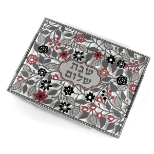 Dorit Judaica Glass Challah Board With Floral Design (Red, Black and Gray) Hallah Brettchen

