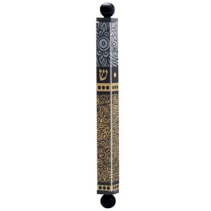 Dorit Judaica Mezuzah Case With Gray and Yellow Mandala Pattern and Shin