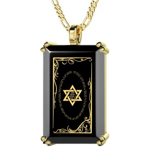Gold Plated and Onyx Tablet Necklace for Men with Micro-Inscribed Shema Inside Star of David Star of David Jewelry