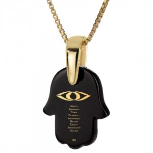 Gold Plated Onyx Stone Necklace with Evil Eye & Positivity Hamsa Design  Jüdischer Schmuck