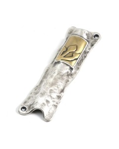 Silver Mezuzah with Brass Rectangular Ornament and Inscribed Hebrew Letter Shin Judaica

