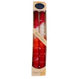 Red, Orange and White Shabbat Candles with White Dripped Lines by Safed Candles Shabbat