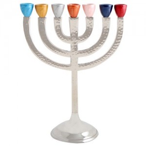 Multicolored Seven-Branched Aluminum Menorah With Hammered Finish Judaica
