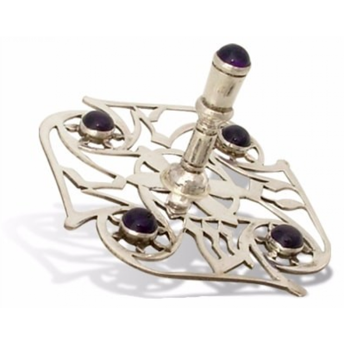 Carved Sterling Silver Dreidel Featuring Amethyst Stones
