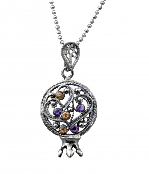 Pomegranate Filigree Pendant in Sterling Silver with Gems by Rafael Jewelry