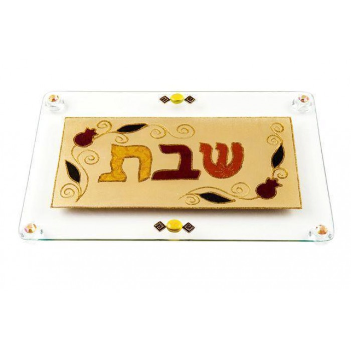 Glass Challah Board with Shabbat & Pomegranates in Red and Gold