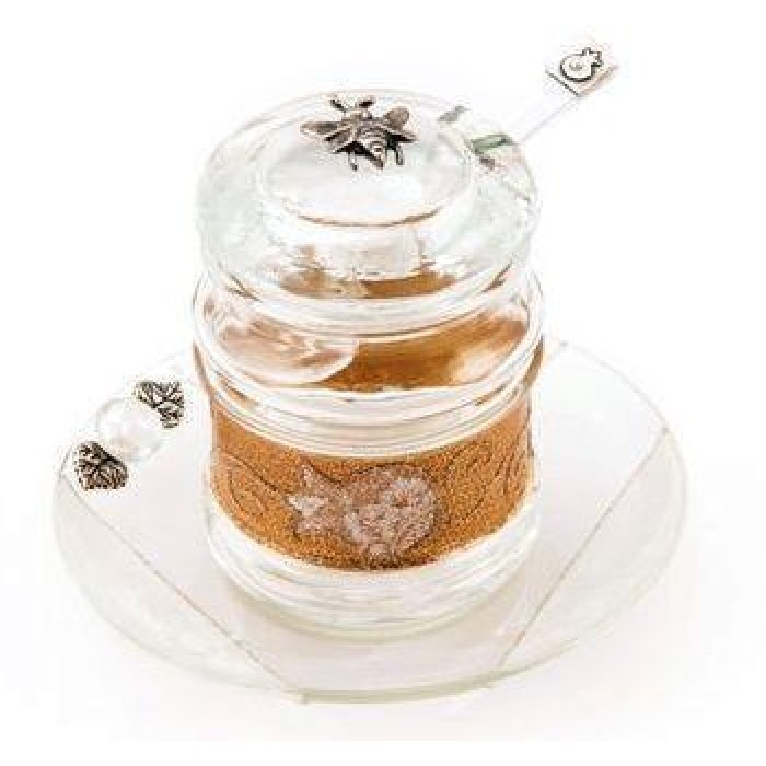 Honey Dish in Glass with Golden Pomegranate and Bee