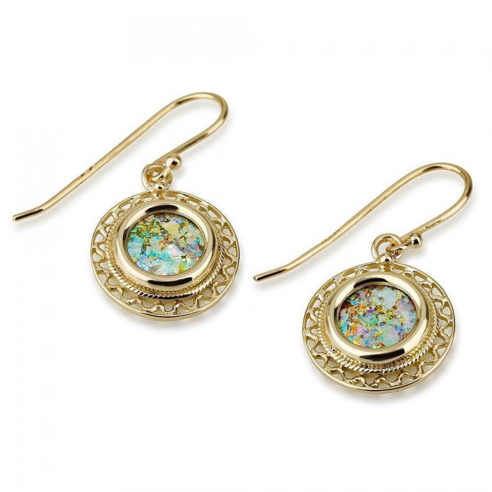 Round 14K Gold Earrings featuring Roman Glass by Ben Jewelry
