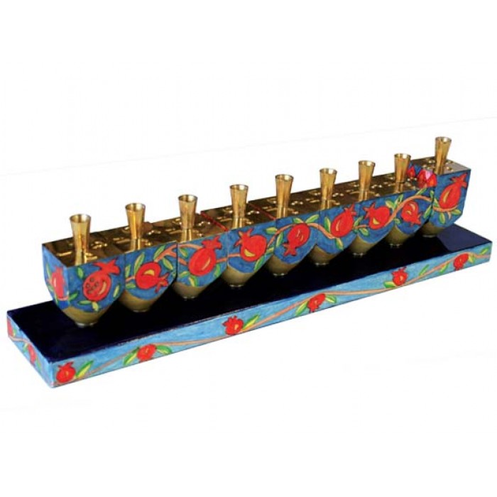 Yair Emanuel Multicolour Dreidel Menorah with Pomegranates in Wood