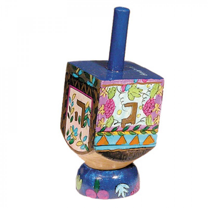 Yair Emanuel Small Wooden Dreidel with the Seven Species Design and Stand