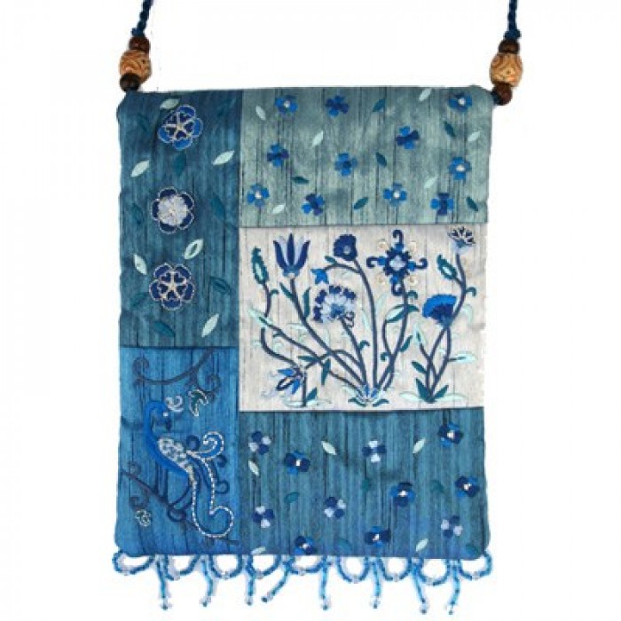 Yair Emanuel Blue Silk Embroidered Handbag with Floral Design
