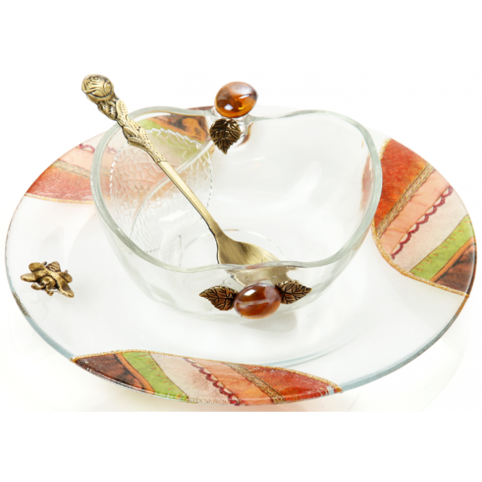 Glass Rosh Hashanah Honey Dish with Multicolored Stripes