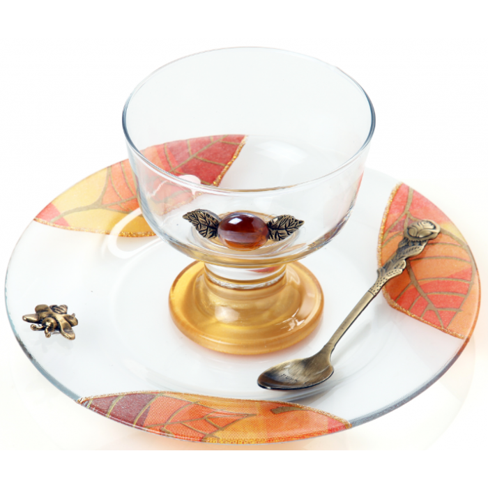 Glass Rosh Hashanah Honey Dish on Stand with Leaf Motif
