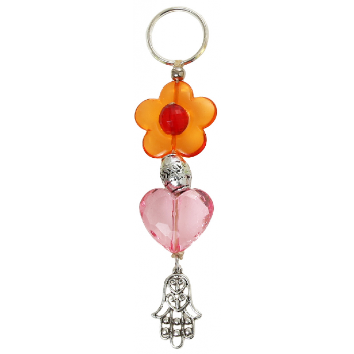 Acrylic Key Chain with Hamsa and Pink Heart