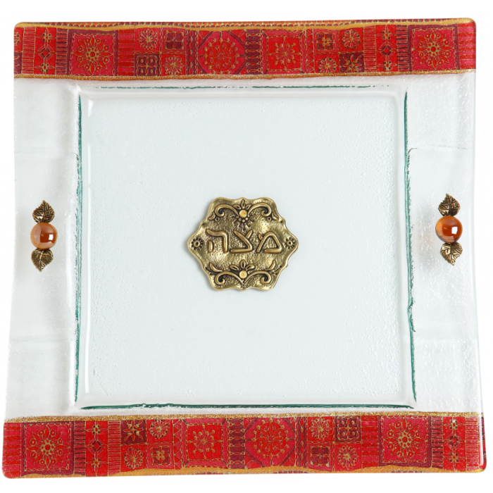 Glass Matzah Plate with Red Floral Patterns